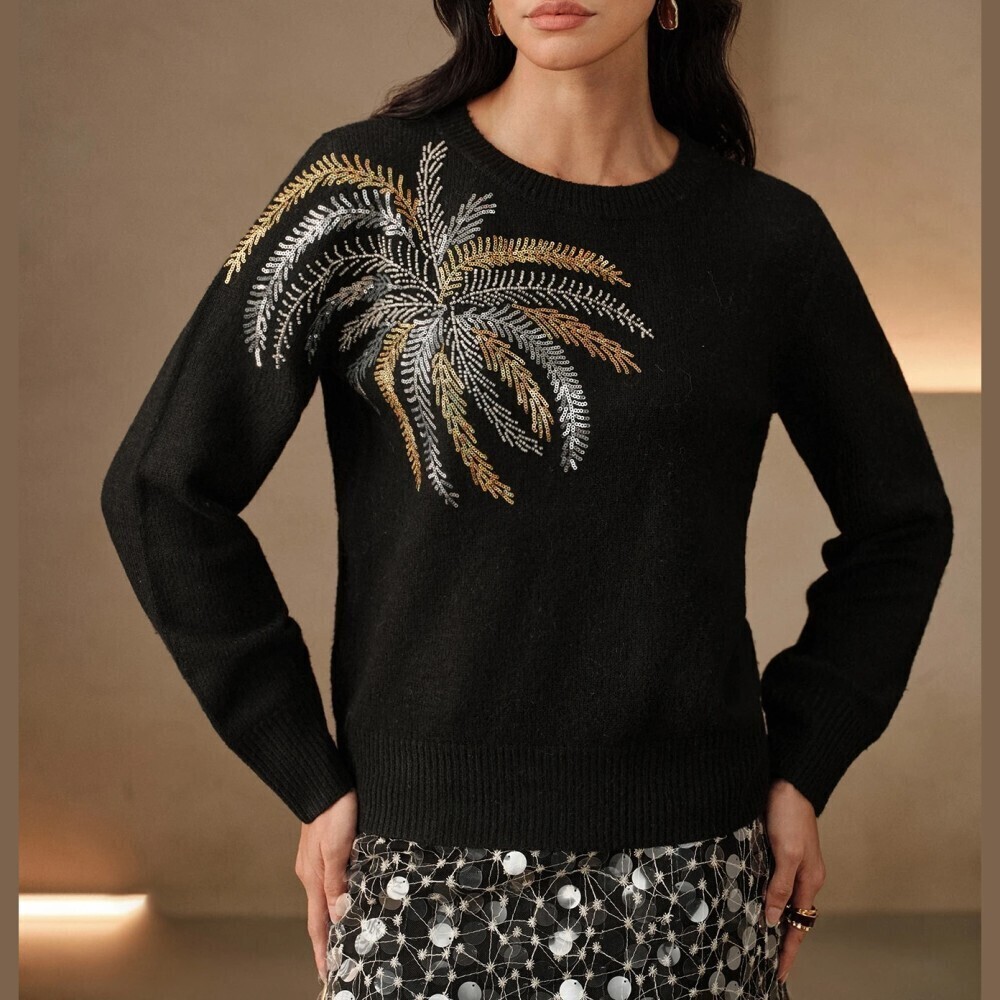 Black Beaded Sequin Palm Tree Embellished Ribbed Trim Crew Neck Knit Sweater